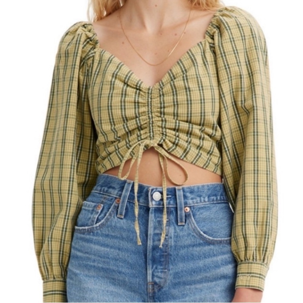Levi’s Cropped Yellow Plaid Statement Blouse NWT